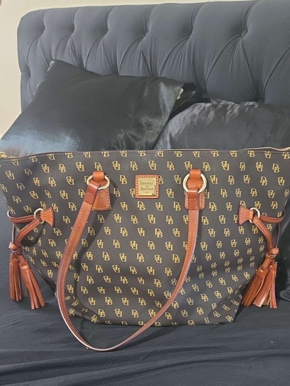 Dooney & Bourke Brown Logo Tote with Tan Leather Trim and Tassels